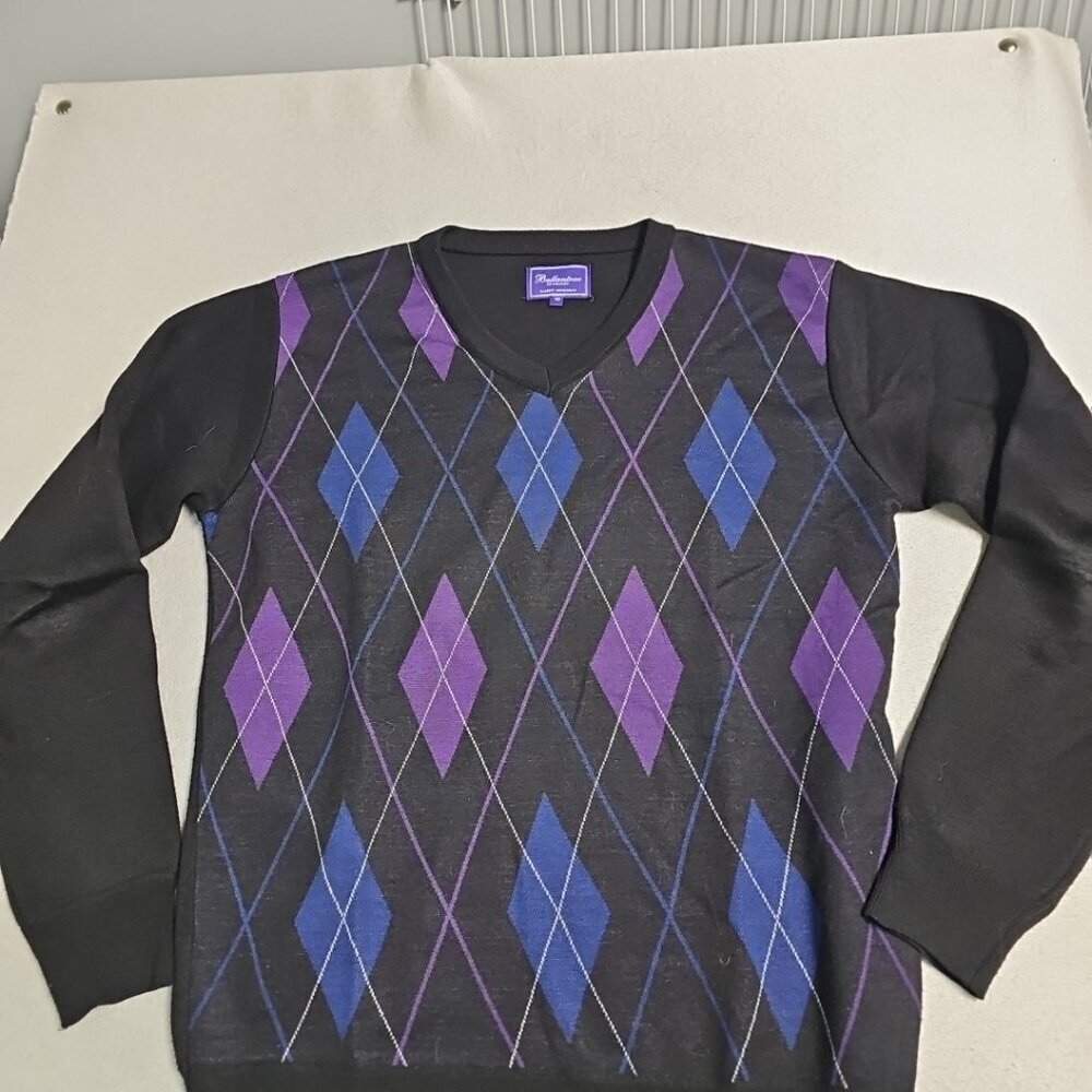 Ballantrae Edinburgh Men’s Argyle V Neck Sweater  Medium‎ Black Gray Blue